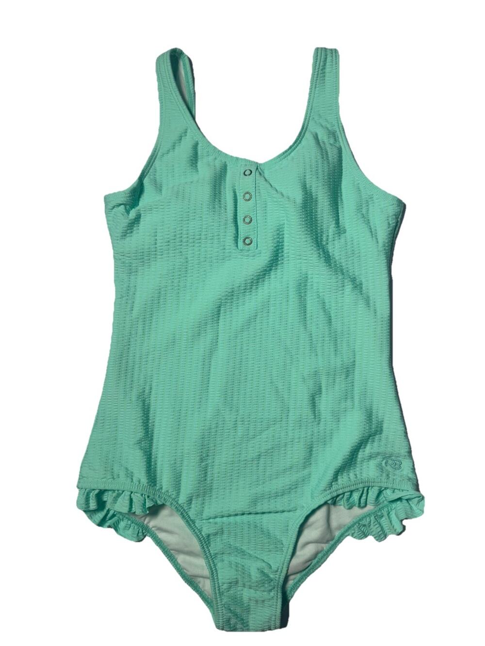 RuffleButts Girls Mint Seersucker One Piece Swimsuit Size 12 Ruffle Trim